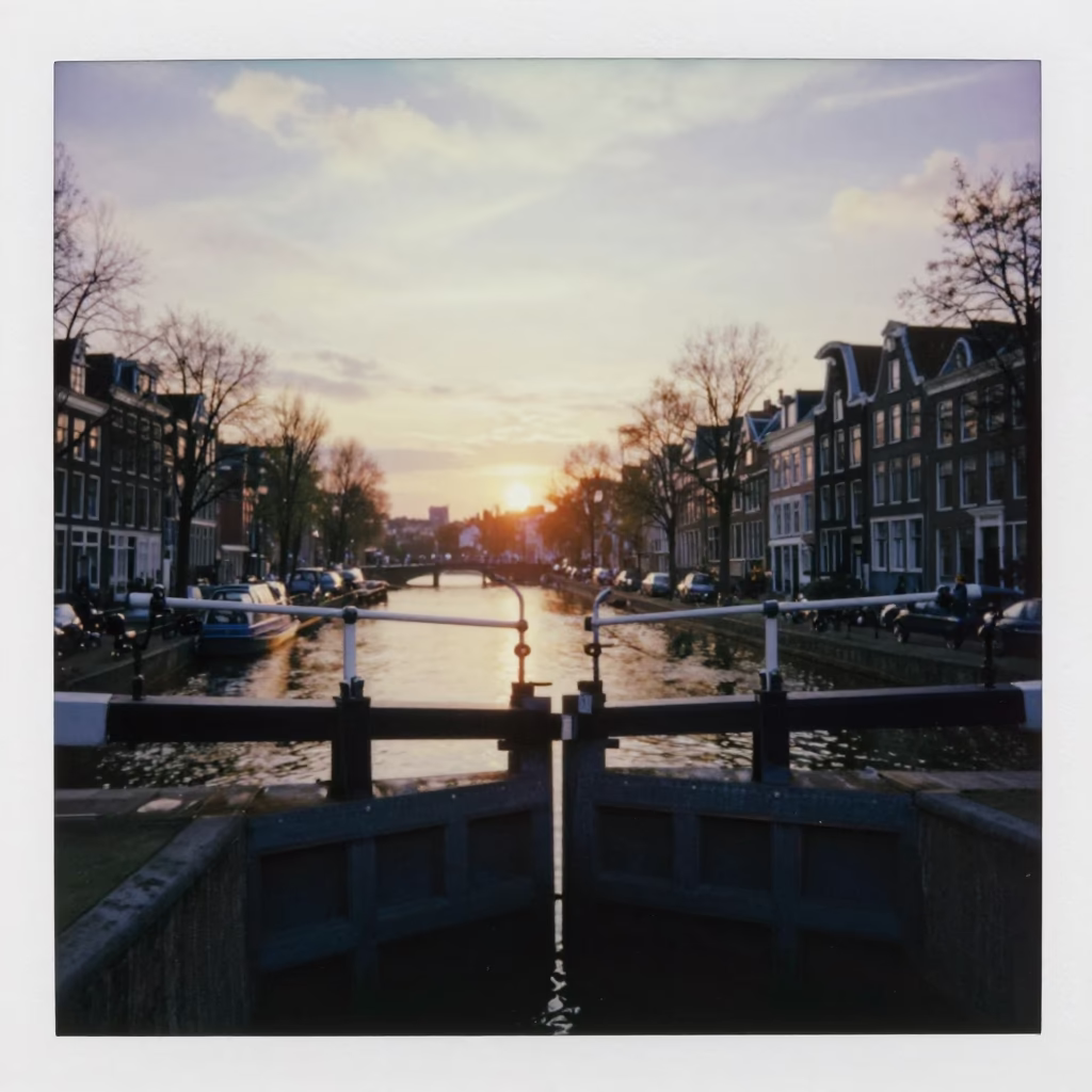 As The Sun Drops Toward The Horizon on Gate Closing in Amsterdam in in Amsterdam, Netherlands
