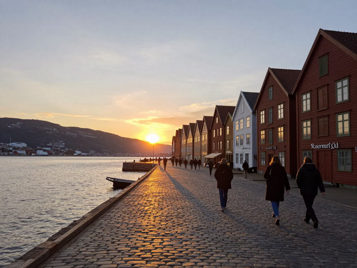 As The Sun Drops Toward The Horizon on Harbor Scene in Bergen in in Bergen, Norway