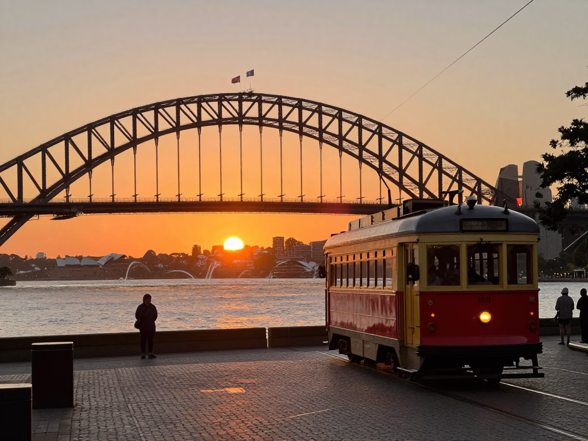 As The Sun Drops Toward The Horizon on Harbour Bridge in Sydney in in Sydney, New South Wales, Australia
