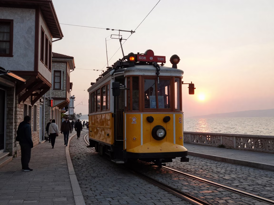 As The Sun Drops Toward The Horizon on Heritage Tram in Izmir in in Izmir, Turkey