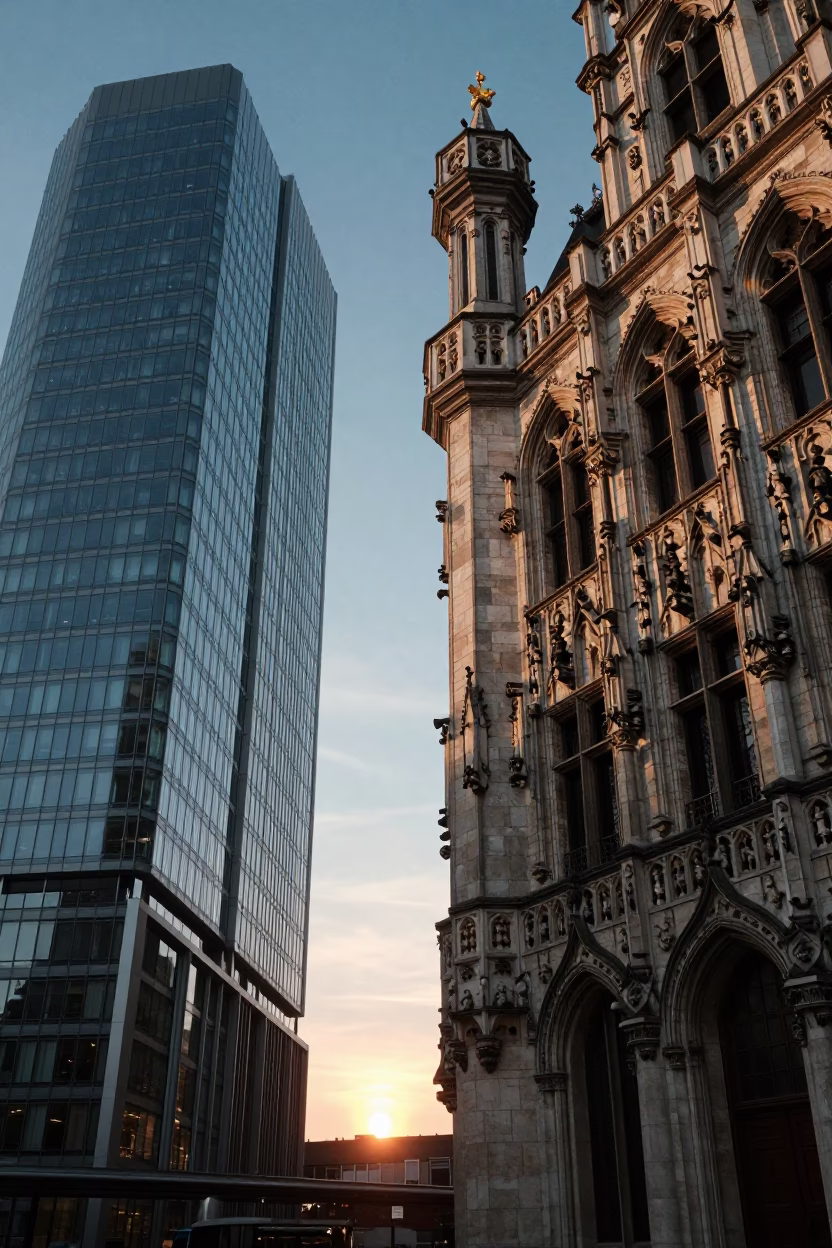 As The Sun Drops Toward The Horizon on Hotel Facade in Brussels in in Brussels, Belgium