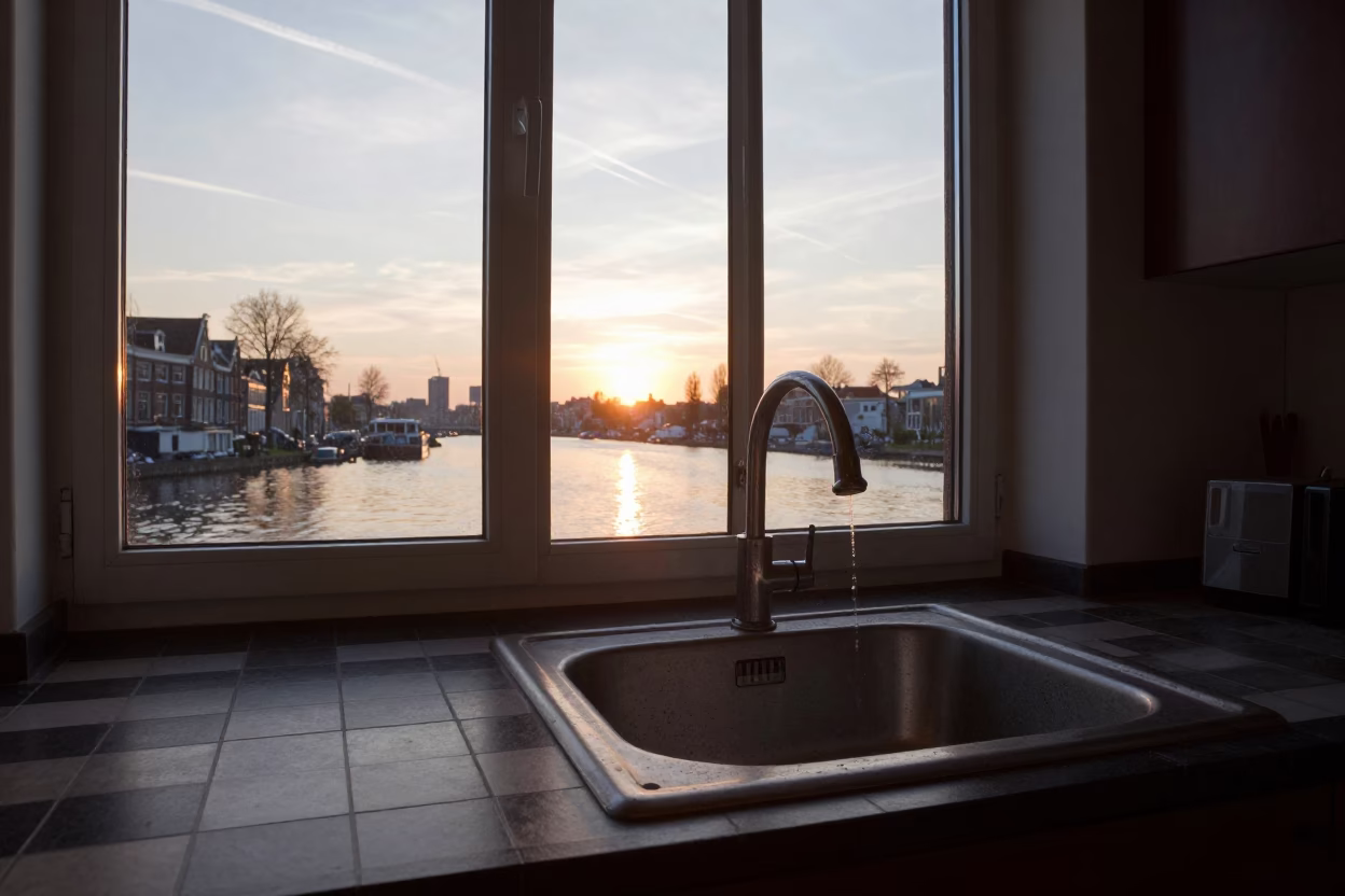 As The Sun Drops Toward The Horizon on Kitchen Sink in Amsterdam in in Amsterdam, Netherlands