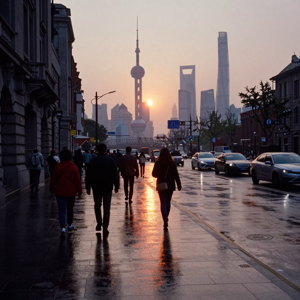 As The Sun Drops Toward The Horizon on Neon Signs in Shanghai in in Shanghai, China