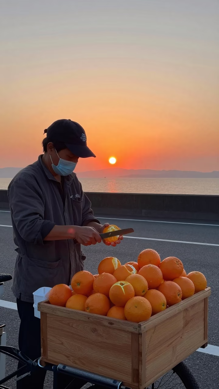 As The Sun Drops Toward The Horizon on Peel Snacks in Osaka in in Osaka, Japan