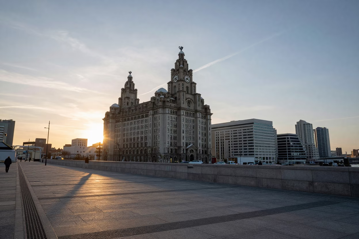 As The Sun Drops Toward The Horizon on Pier Head in Liverpool in in Liverpool, United Kingdom