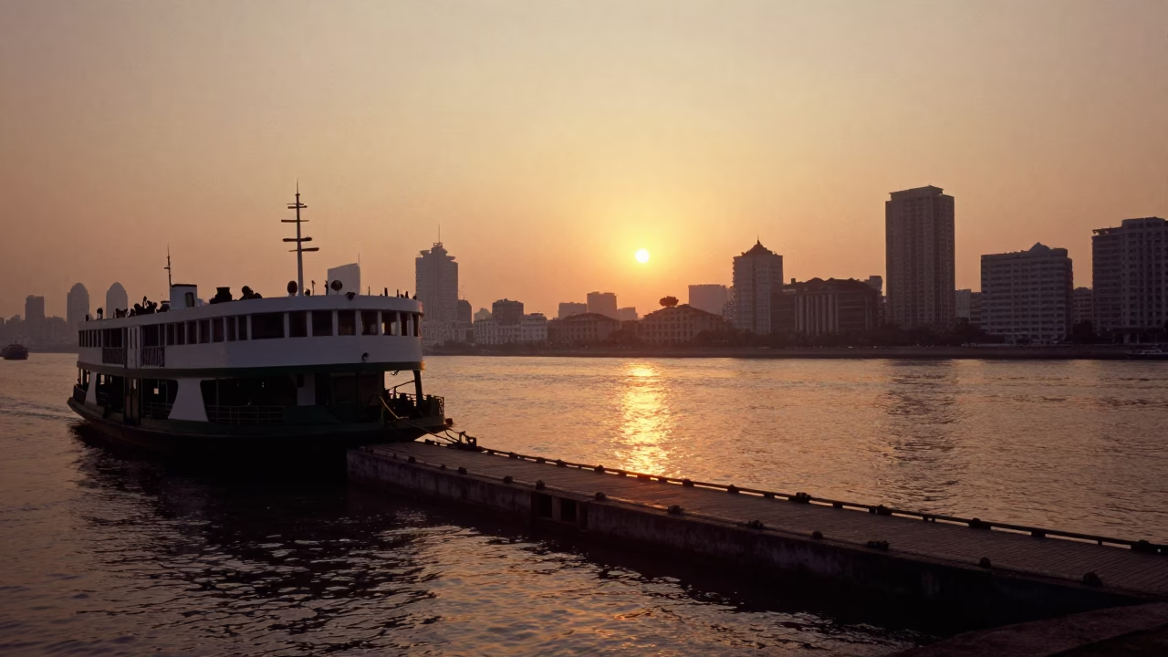 As The Sun Drops Toward The Horizon on Piling System in Shanghai in in Shanghai, China