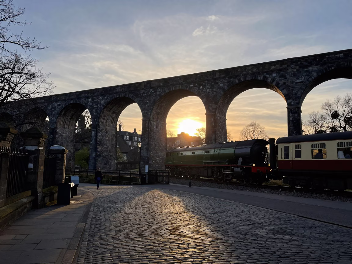 As The Sun Drops Toward The Horizon on Railway Viaduct in Edinburgh in in Edinburgh, United Kingdom