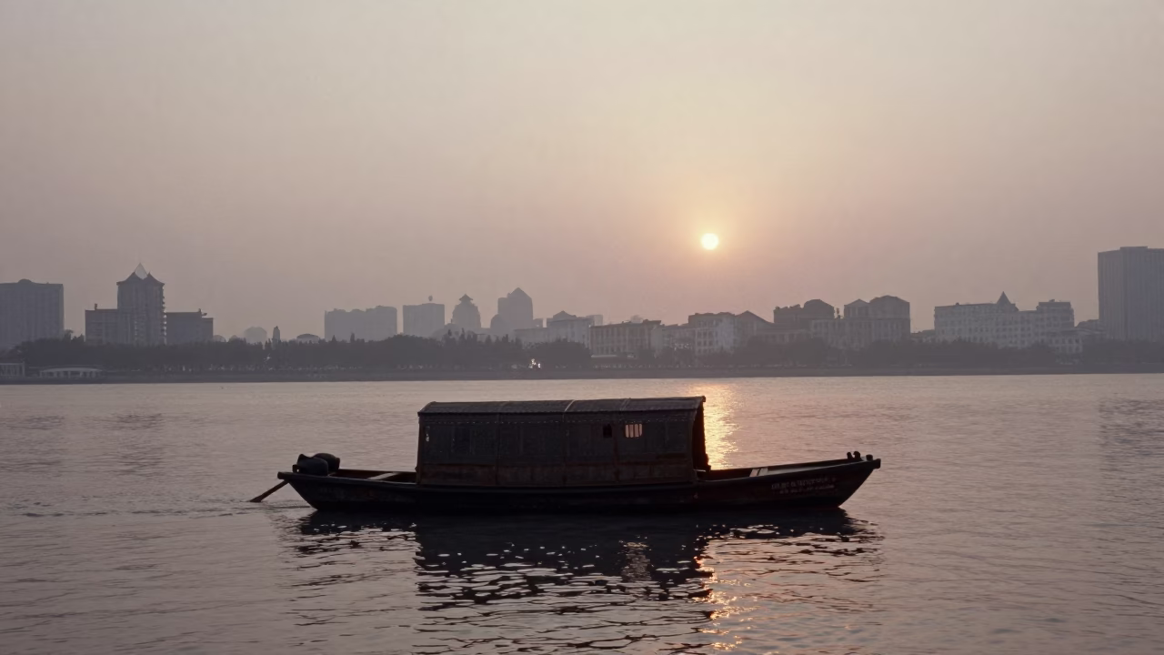 As The Sun Drops Toward The Horizon on Sampan Boat in Shanghai in in Shanghai, China