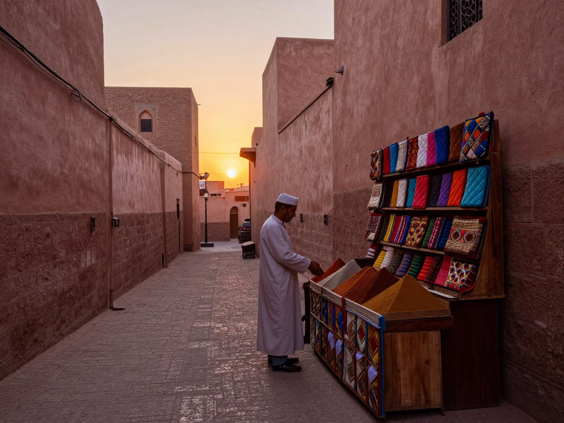 As The Sun Drops Toward The Horizon on Scene Medina in Marrakech in in Marrakech, Morocco