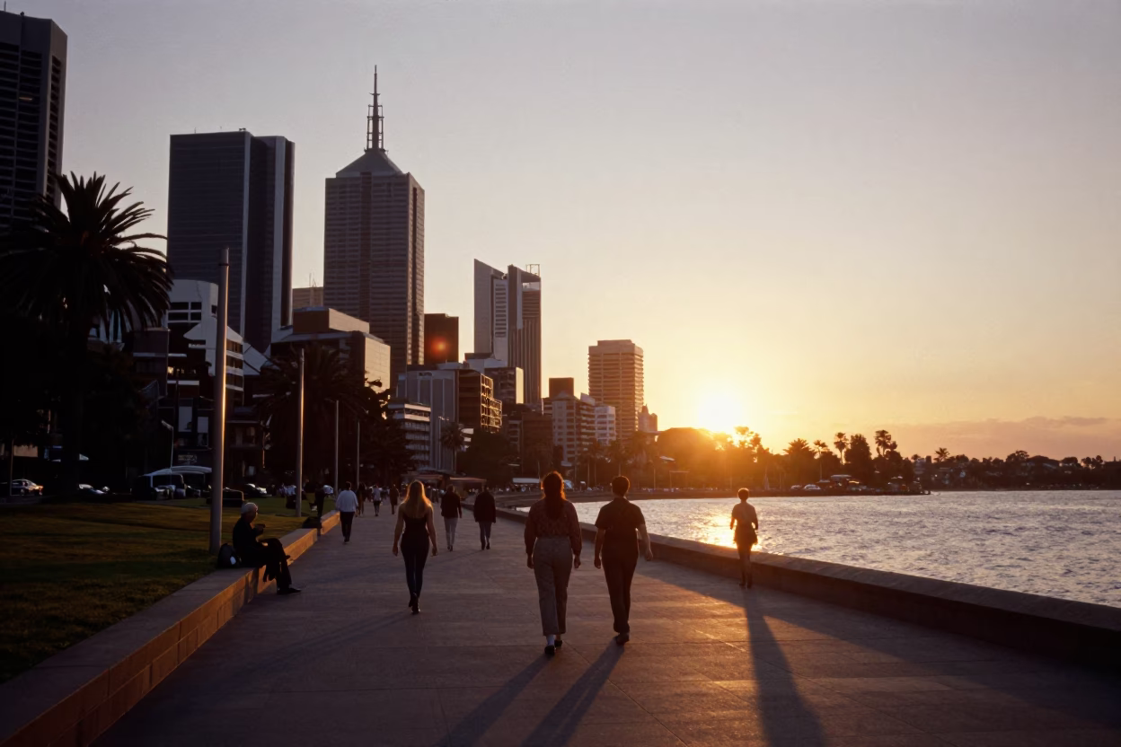 As The Sun Drops Toward The Horizon on Southbank Promenade in Melbourne in in Melbourne, Victoria, Australia