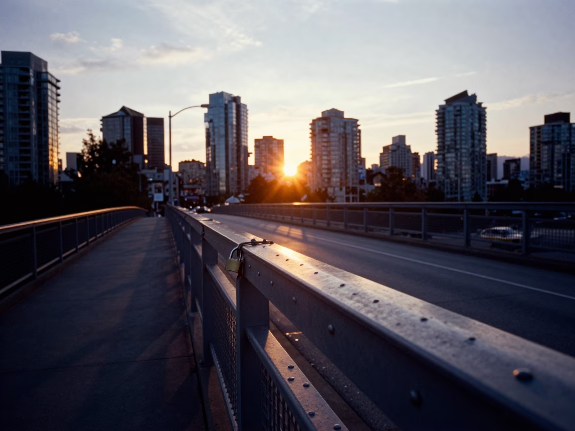 As The Sun Drops Toward The Horizon on Street Bridge in Vancouver in in Vancouver, British Columbia, Canada