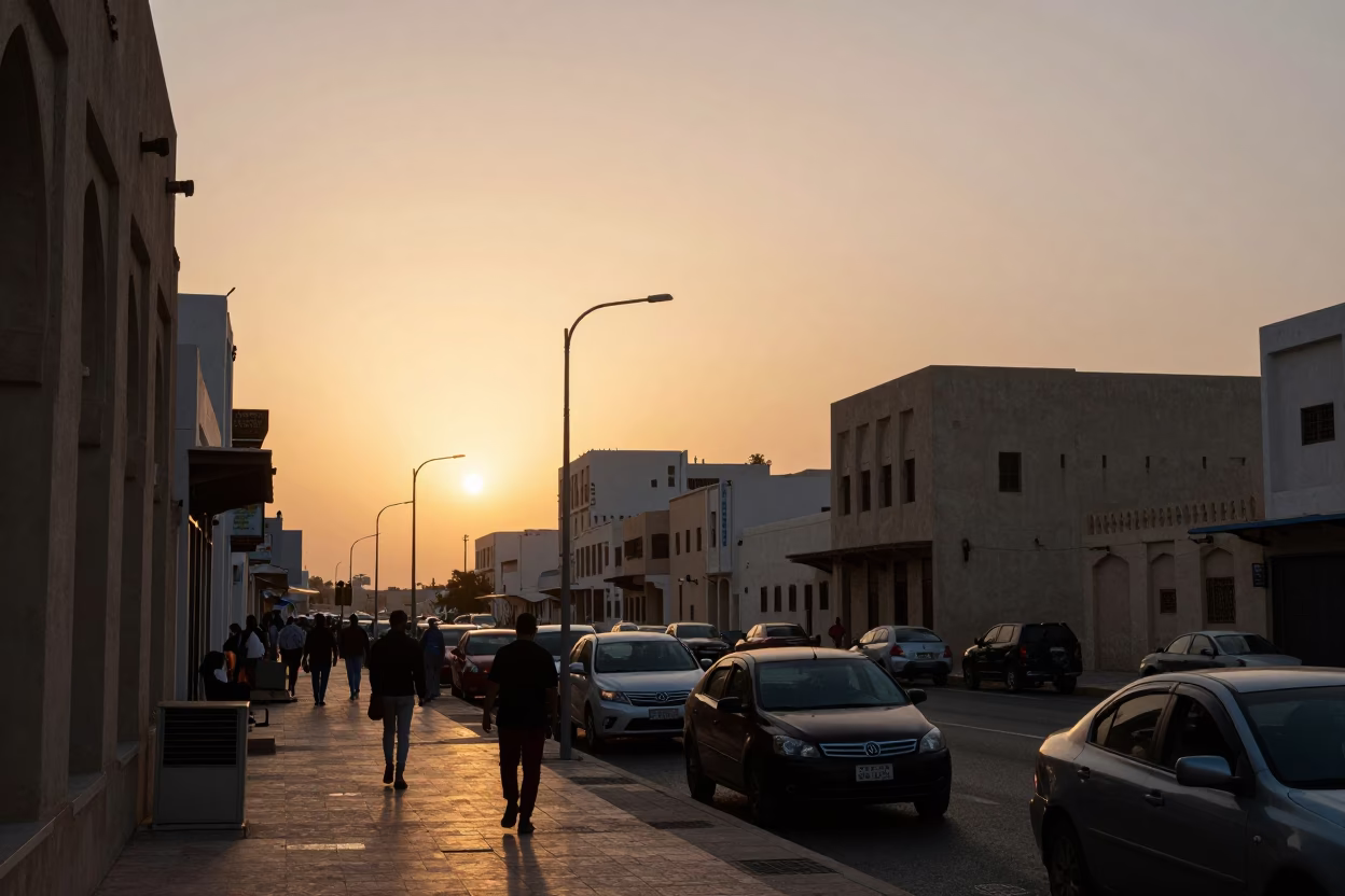 As The Sun Drops Toward The Horizon on Street Corner in Muscat in in Muscat, Oman