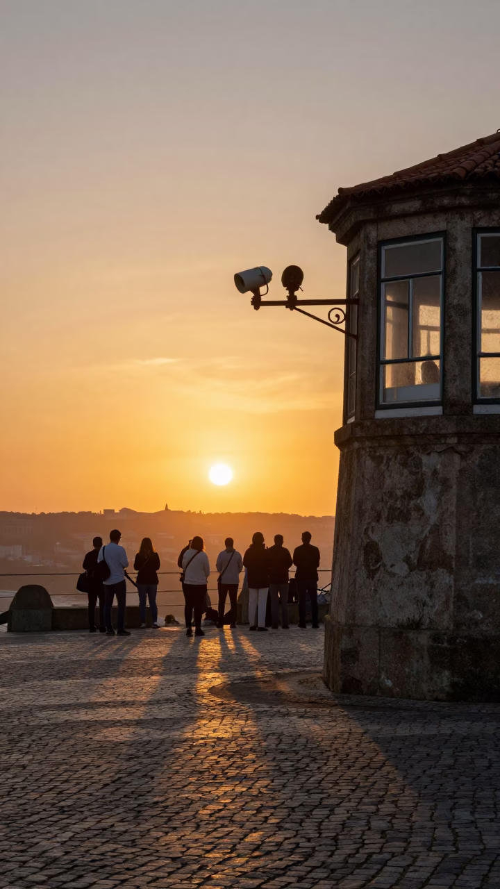 As The Sun Drops Toward The Horizon on Street Corner in Porto in in Porto, Portugal