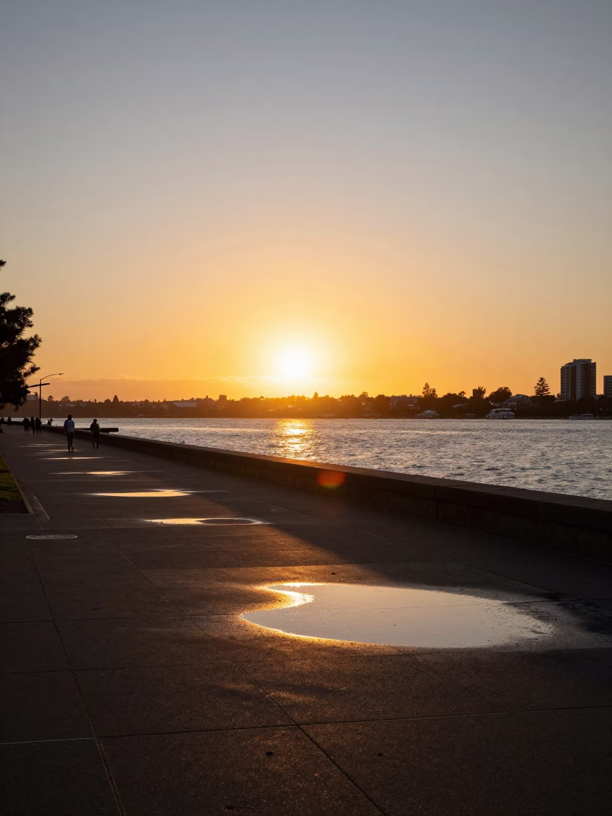 As The Sun Drops Toward The Horizon on Street Scene in Perth in in Perth, Western Australia, Australia