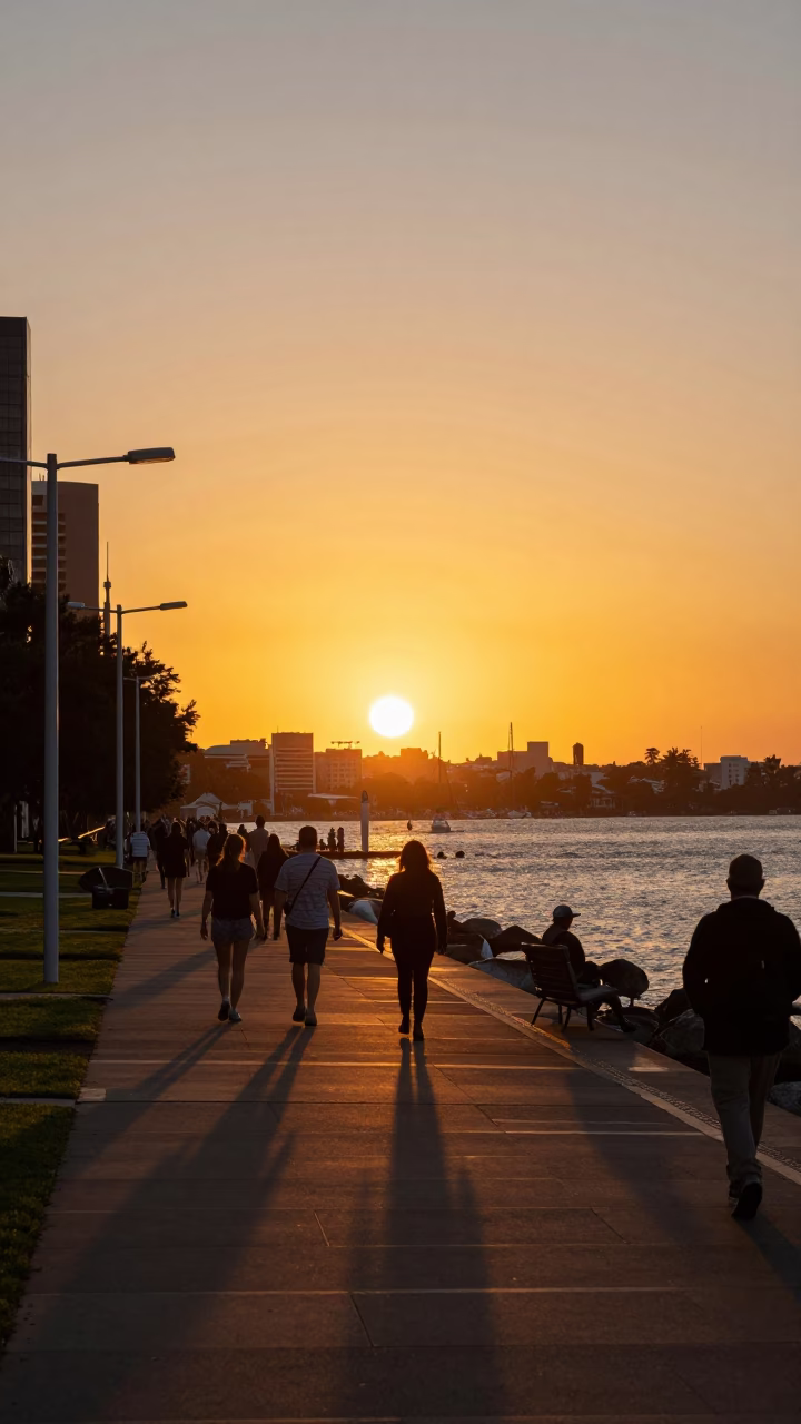 As The Sun Drops Toward The Horizon on Street Scene in Perth in in Perth, Western Australia, Australia