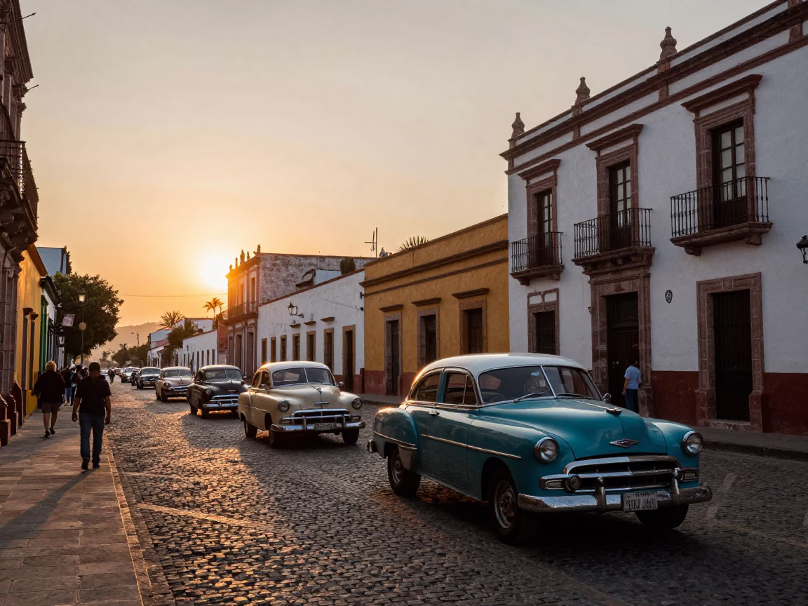 As The Sun Drops Toward The Horizon on Street Scene in Guadalajara in in Guadalajara, Mexico
