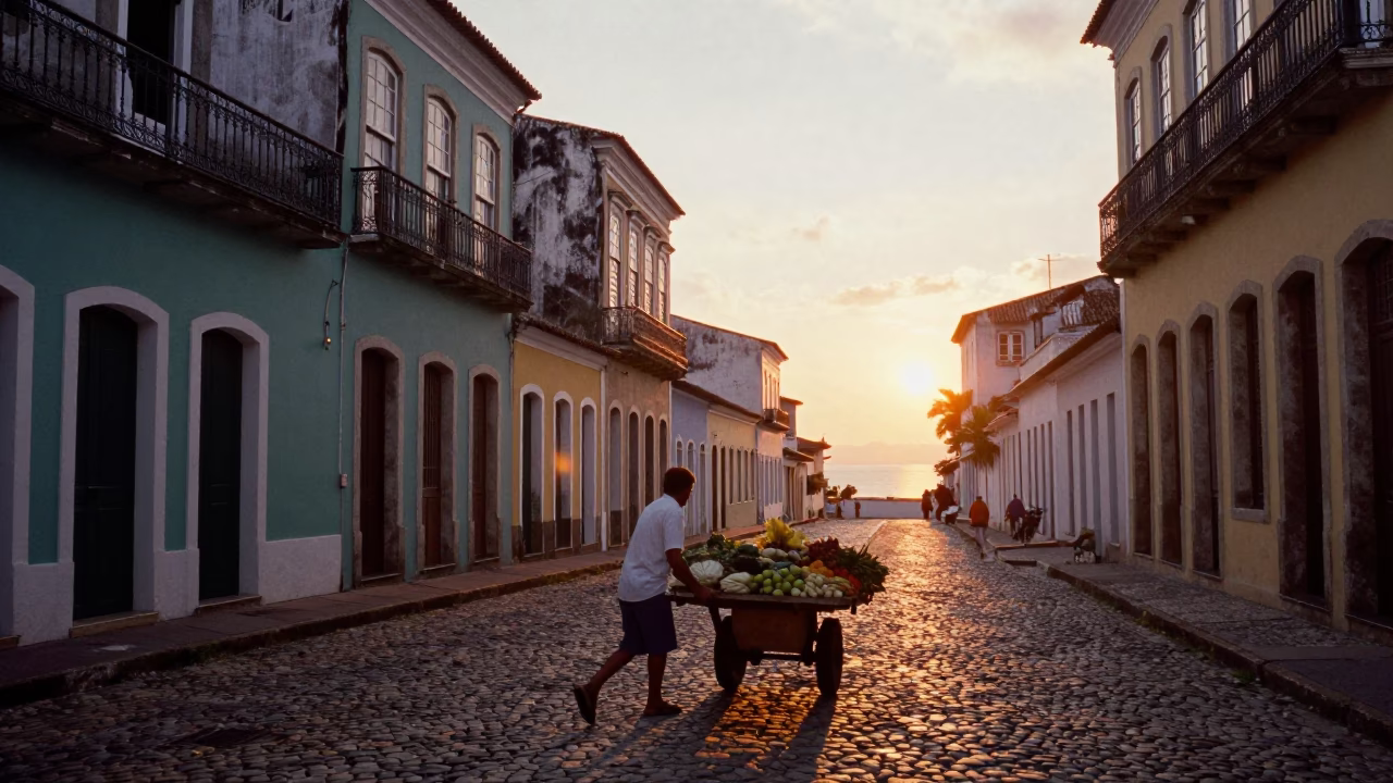 As The Sun Drops Toward The Horizon on Street Scene in Salvador in in Salvador, Brazil