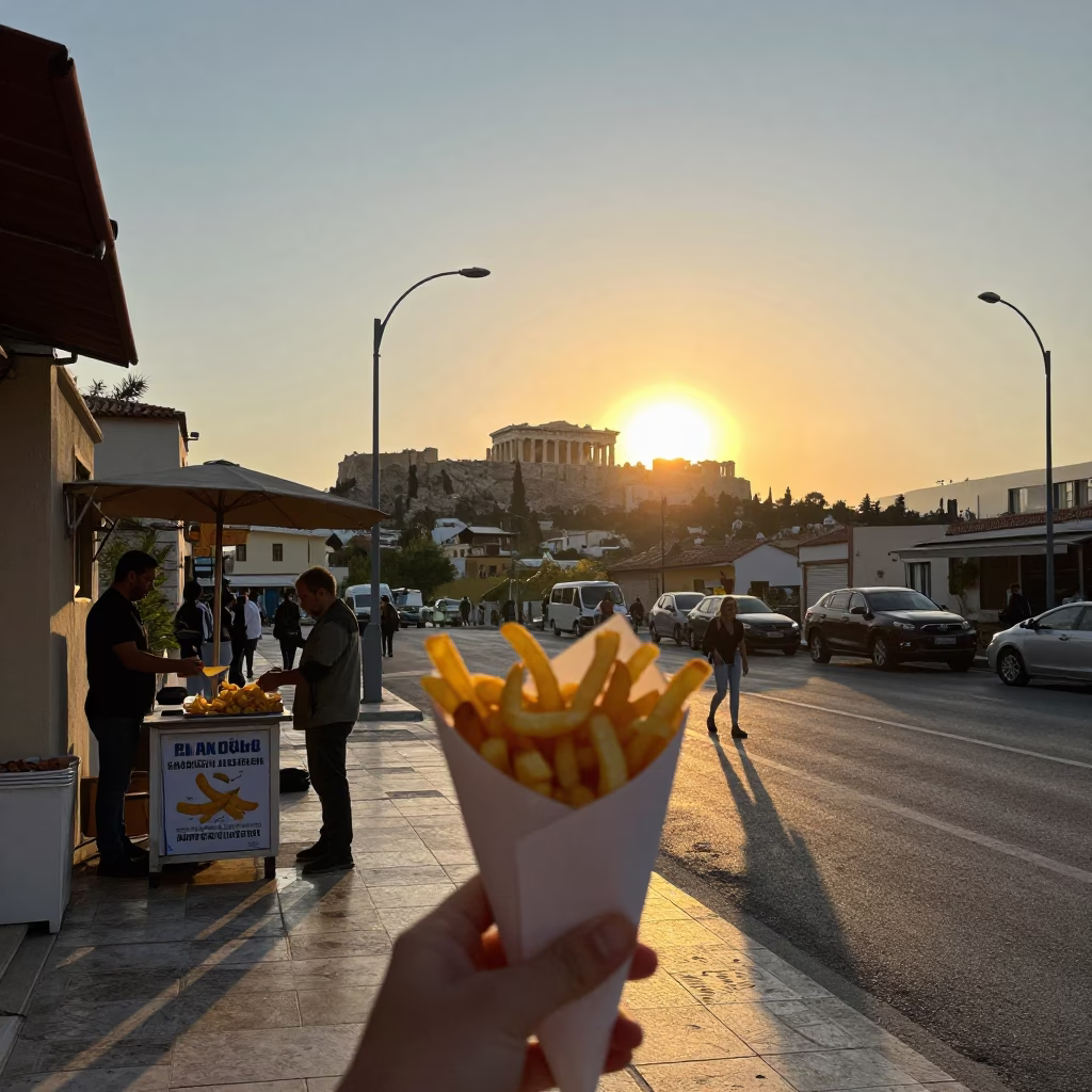 As The Sun Drops Toward The Horizon on Street Scene in Athens in in Athens, Greece