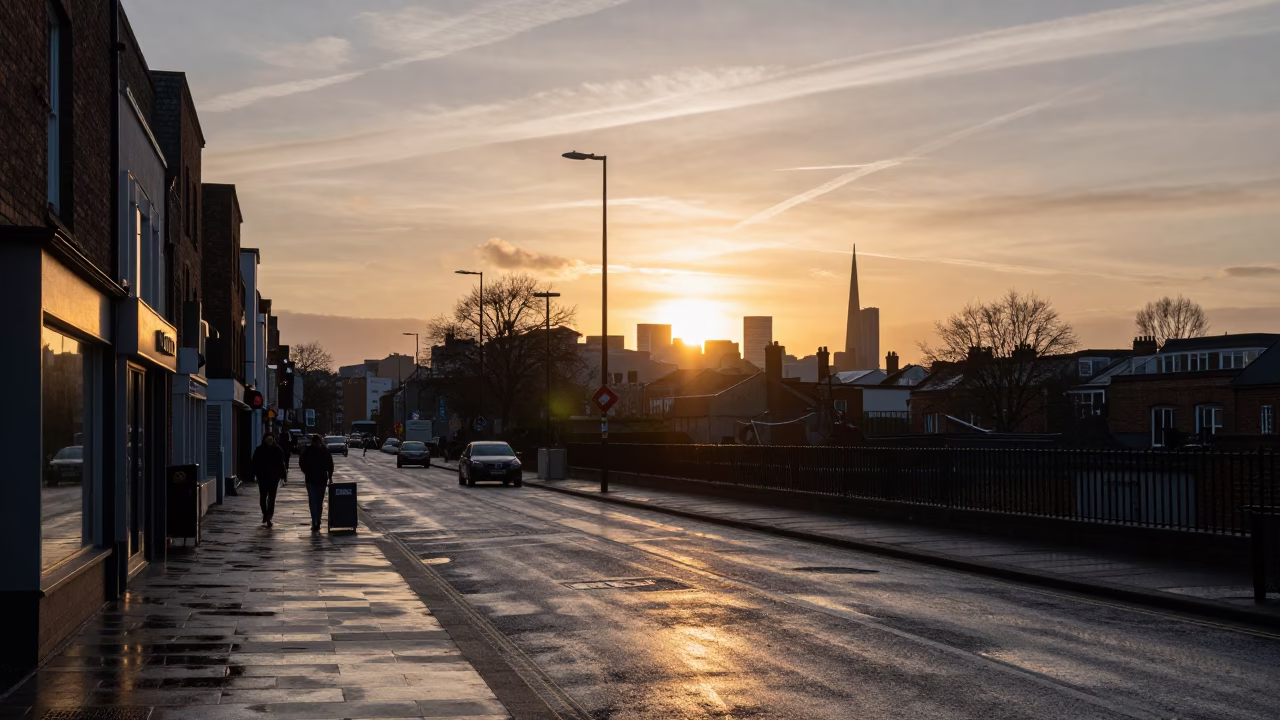 As The Sun Drops Toward The Horizon on Street Scene in Bristol in in Bristol, United Kingdom