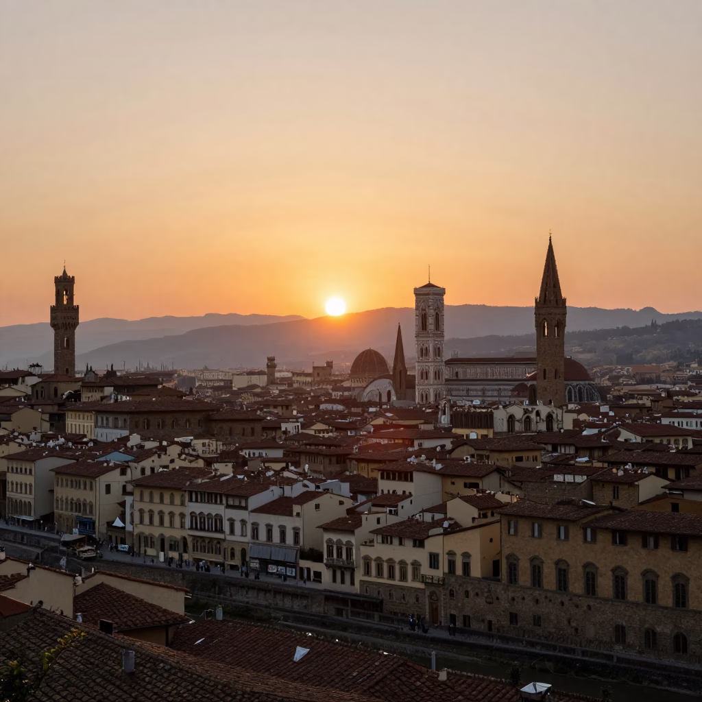 As The Sun Drops Toward The Horizon on Street Scene in Florence in in Florence, Italy
