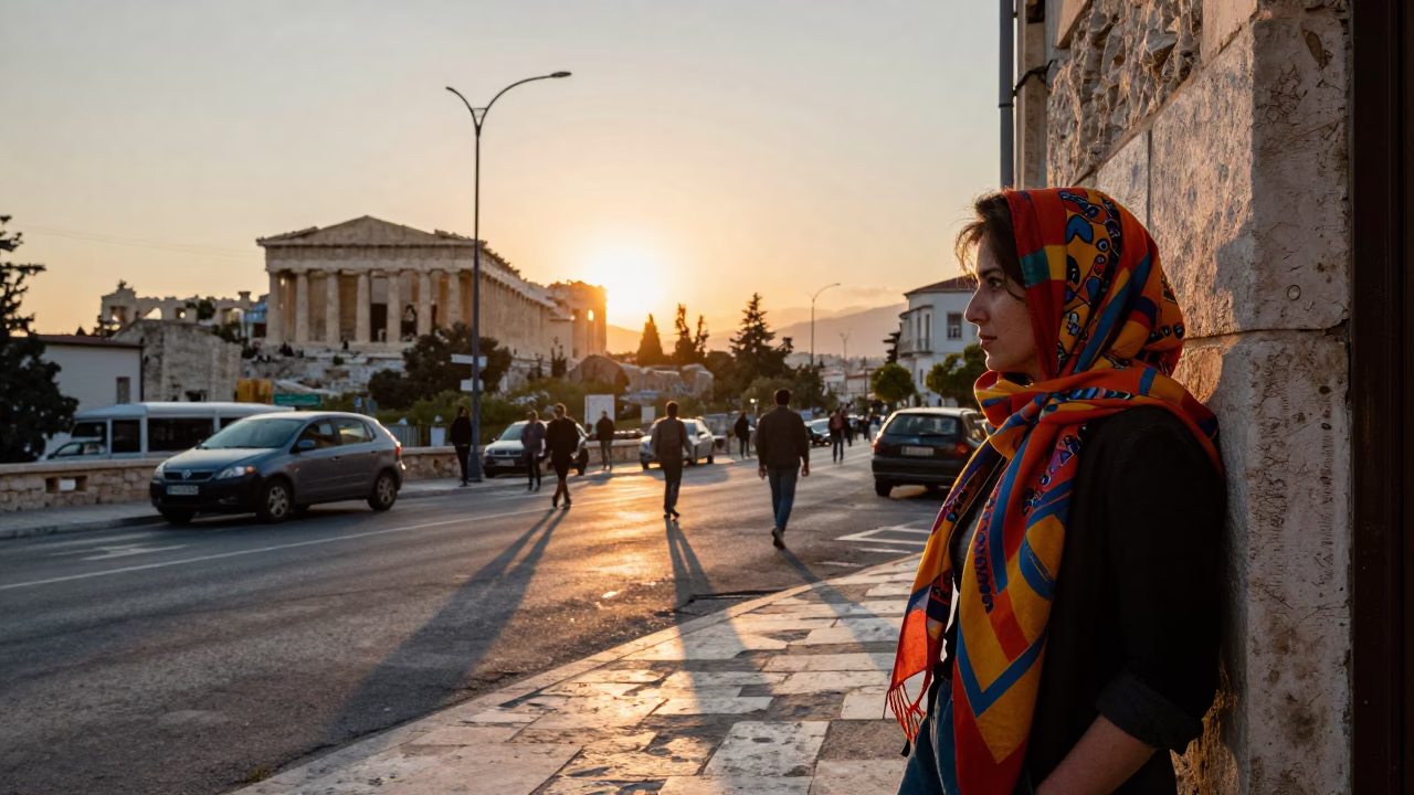 As The Sun Drops Toward The Horizon on Street Scene in Athens in in Athens, Greece