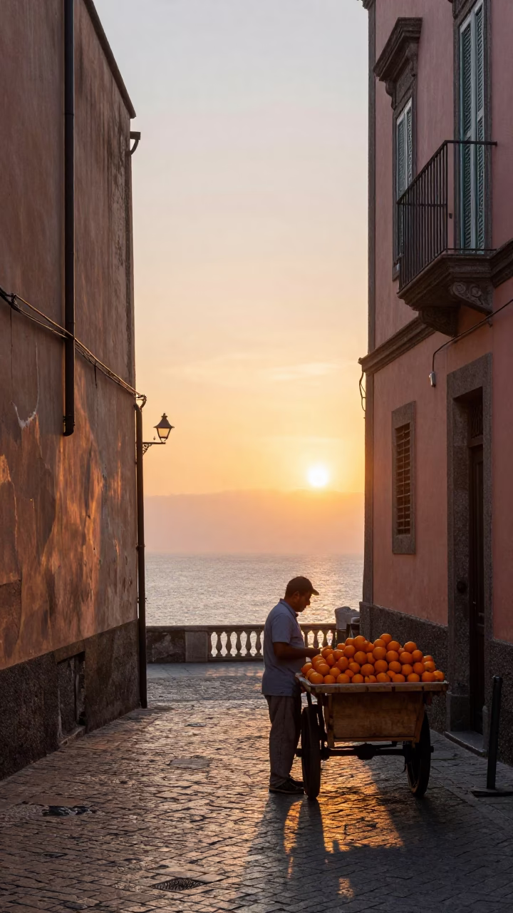 As The Sun Drops Toward The Horizon on Street Scene in Naples in in Naples, Italy