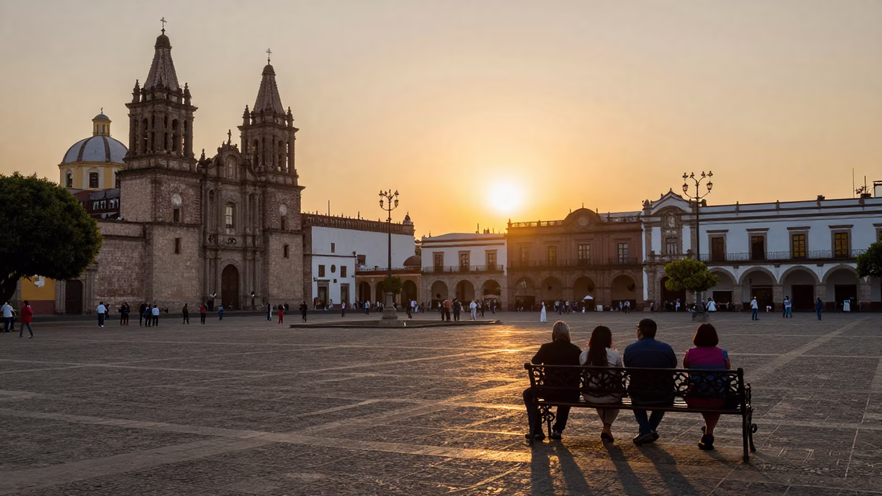 As The Sun Drops Toward The Horizon on Street Scene in Guadalajara in in Guadalajara, Mexico