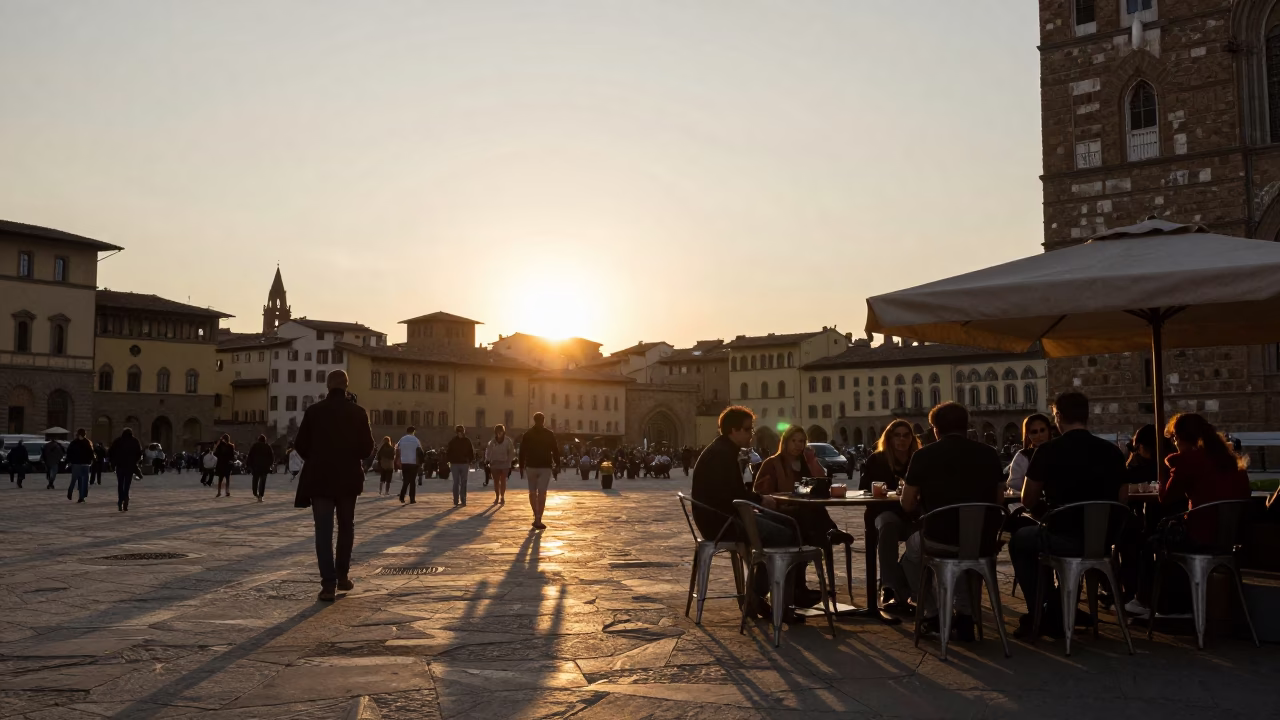 As The Sun Drops Toward The Horizon on Street Scene in Florence in in Florence, Italy