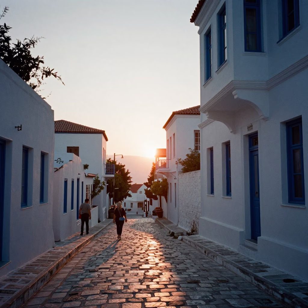 As The Sun Drops Toward The Horizon on Street Scene in Athens in in Athens, Greece