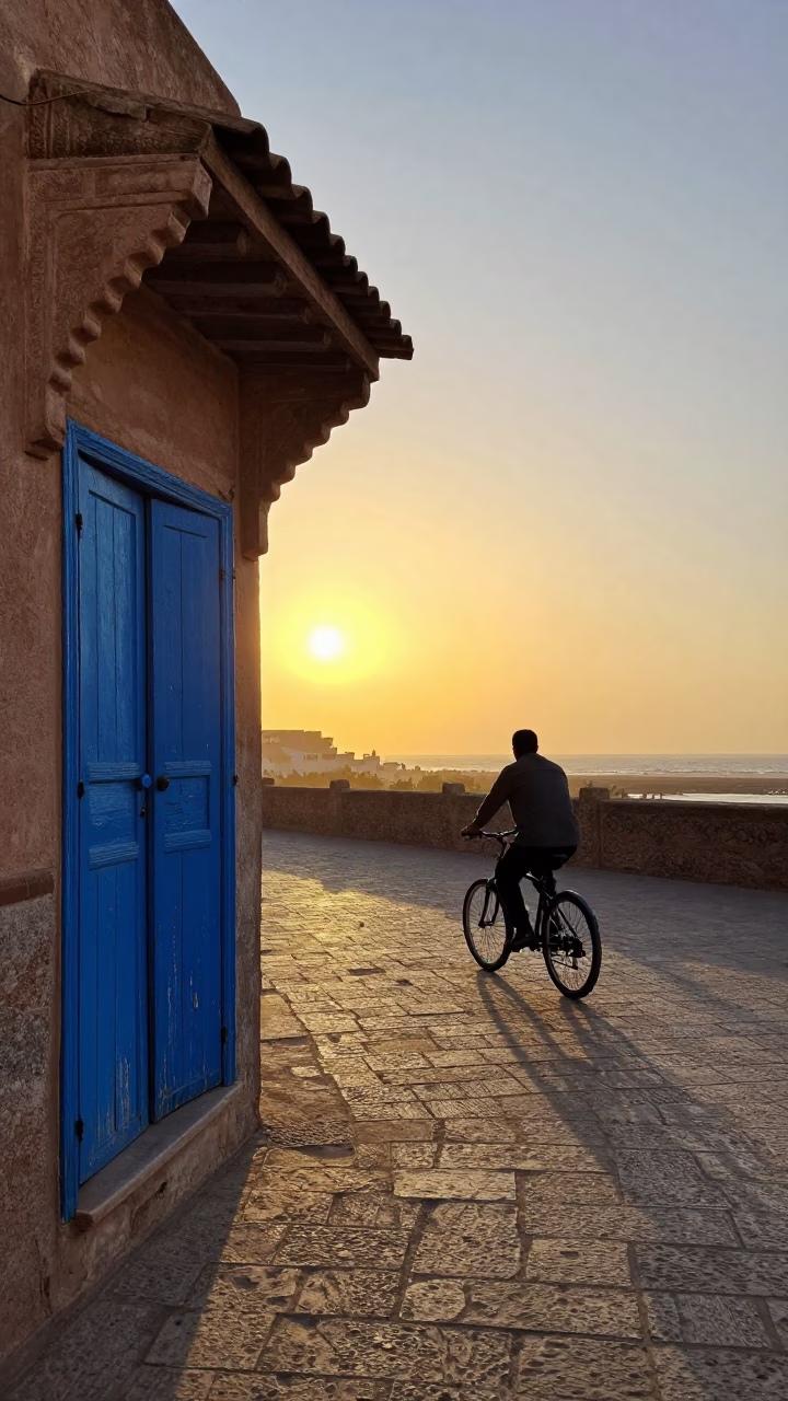 As The Sun Drops Toward The Horizon on Street Scene in Essaouira in in Essaouira, Morocco