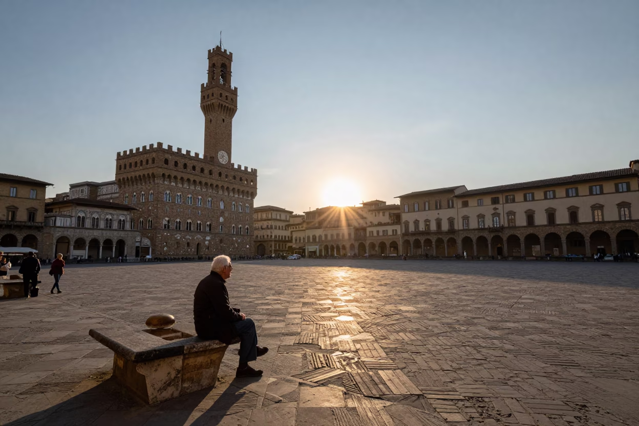 As The Sun Drops Toward The Horizon on Street Scene in Florence in in Florence, Italy