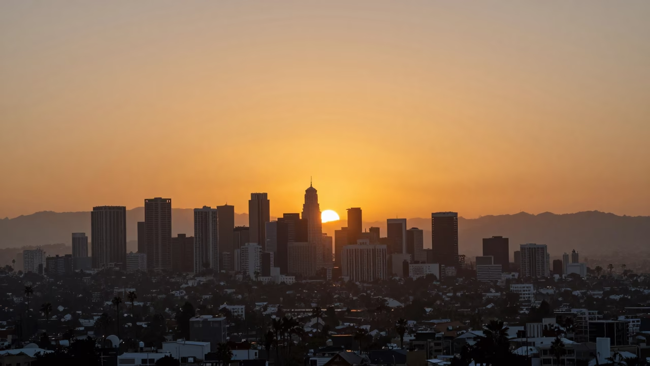 As The Sun Drops Toward The Horizon on Street Scene in Los Angeles in in Los Angeles, California, United States