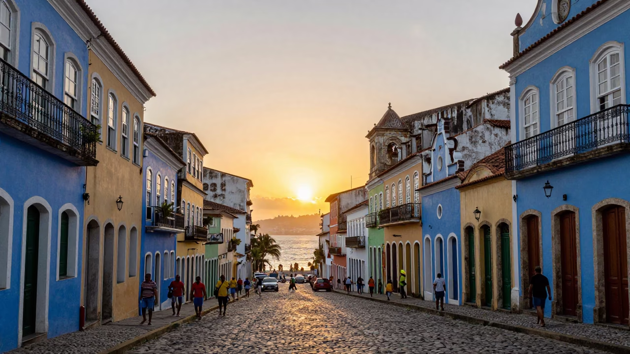 As The Sun Drops Toward The Horizon on Street Scene in Salvador in in Salvador, Brazil