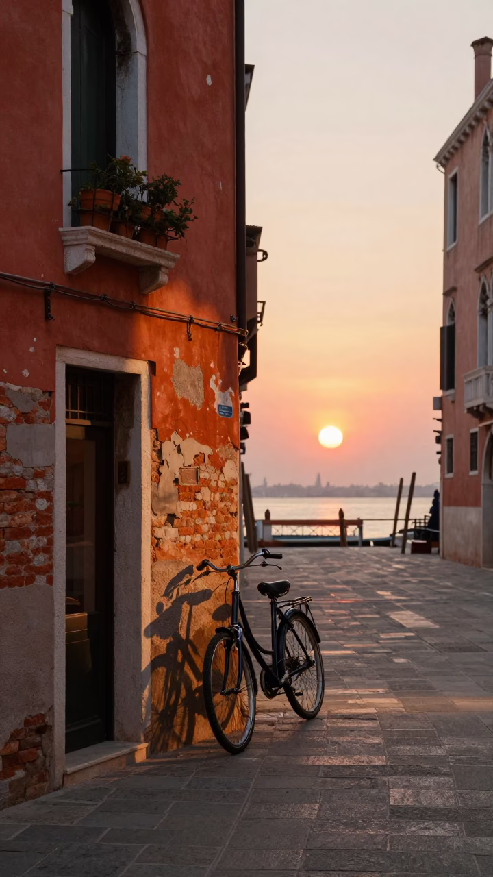 As The Sun Drops Toward The Horizon on Street Scene in Venice in in Venice, Italy