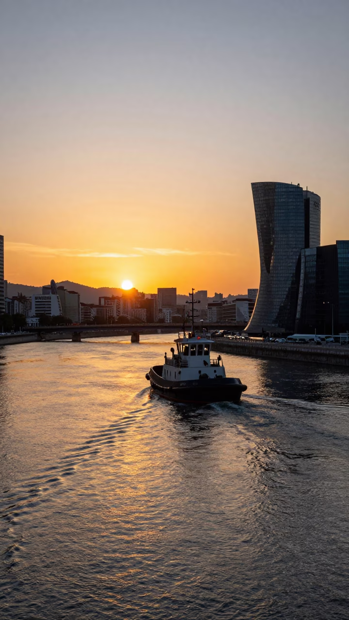 As The Sun Drops Toward The Horizon on Sunset Glow in Bilbao in in Bilbao, Spain