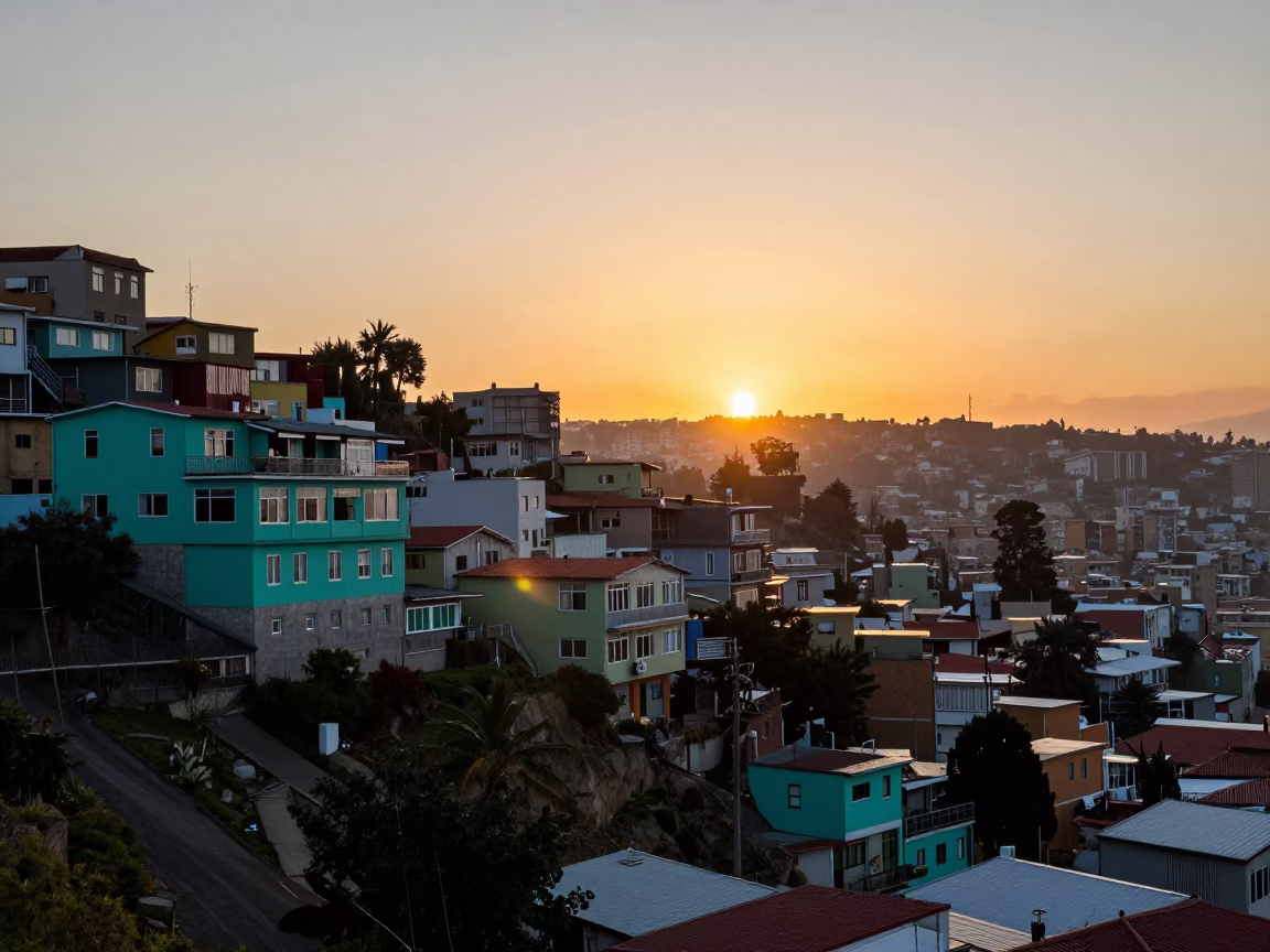 As The Sun Drops Toward The Horizon on Sunset in Valparaiso in in Valparaiso, Chile