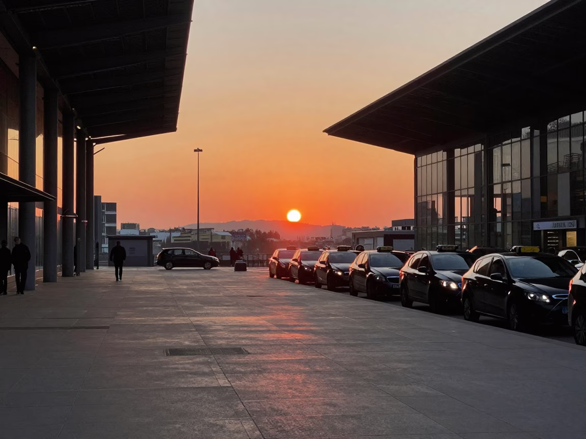 As The Sun Drops Toward The Horizon on Train Station in Bilbao in in Bilbao, Spain