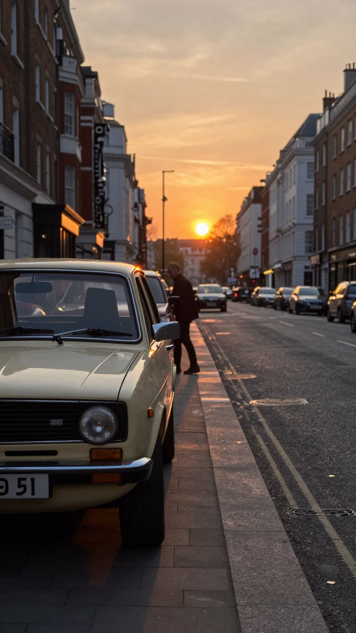 As The Sun Drops Toward The Horizon on Vintage Car in London in in London, United Kingdom