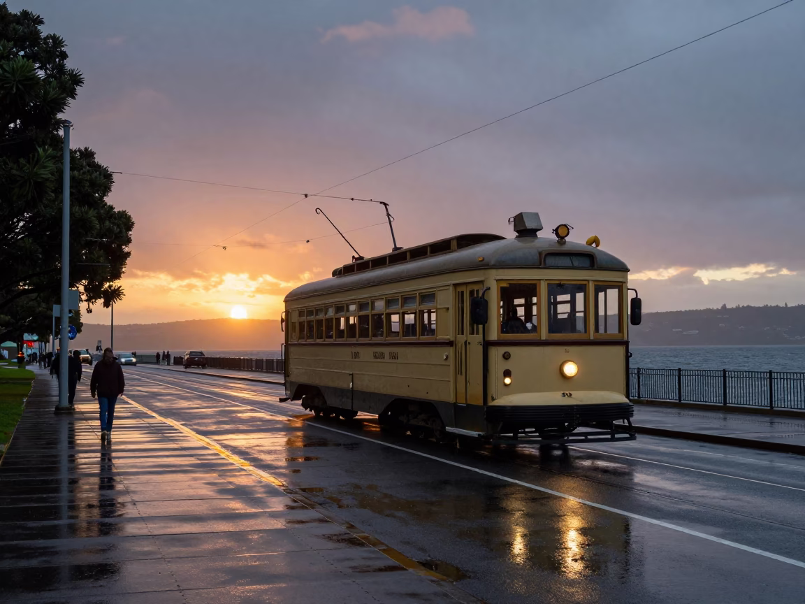 As The Sun Drops Toward The Horizon on Waterfront Promenade in Hobart in in Hobart, Tasmania, Australia