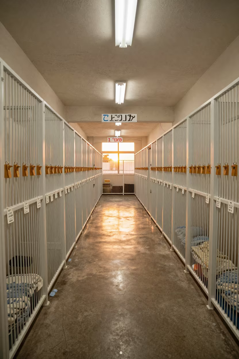 Asakusa Kennel Corridor Evening Light in inside a pet store aisle in Asakusa, Tokyo