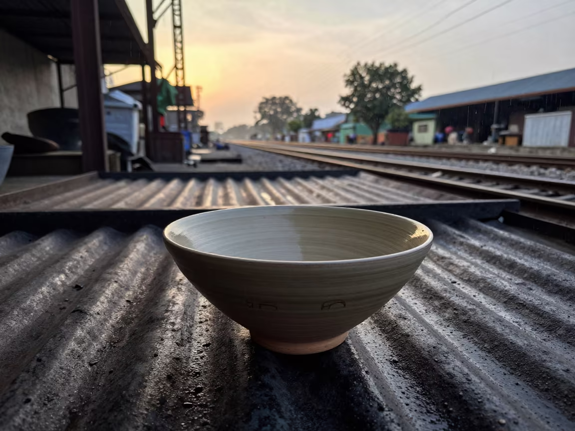 Ash Glaze Pottery Bowl at Karachi Rail Yard in at a rail yard near Karachi