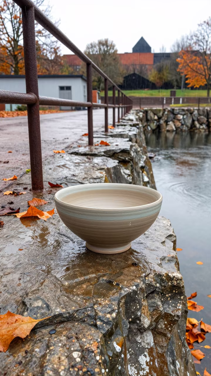 Ash Glazed Pottery Bowl on Quarry Ledge in on a quarry ledge near Birmingham