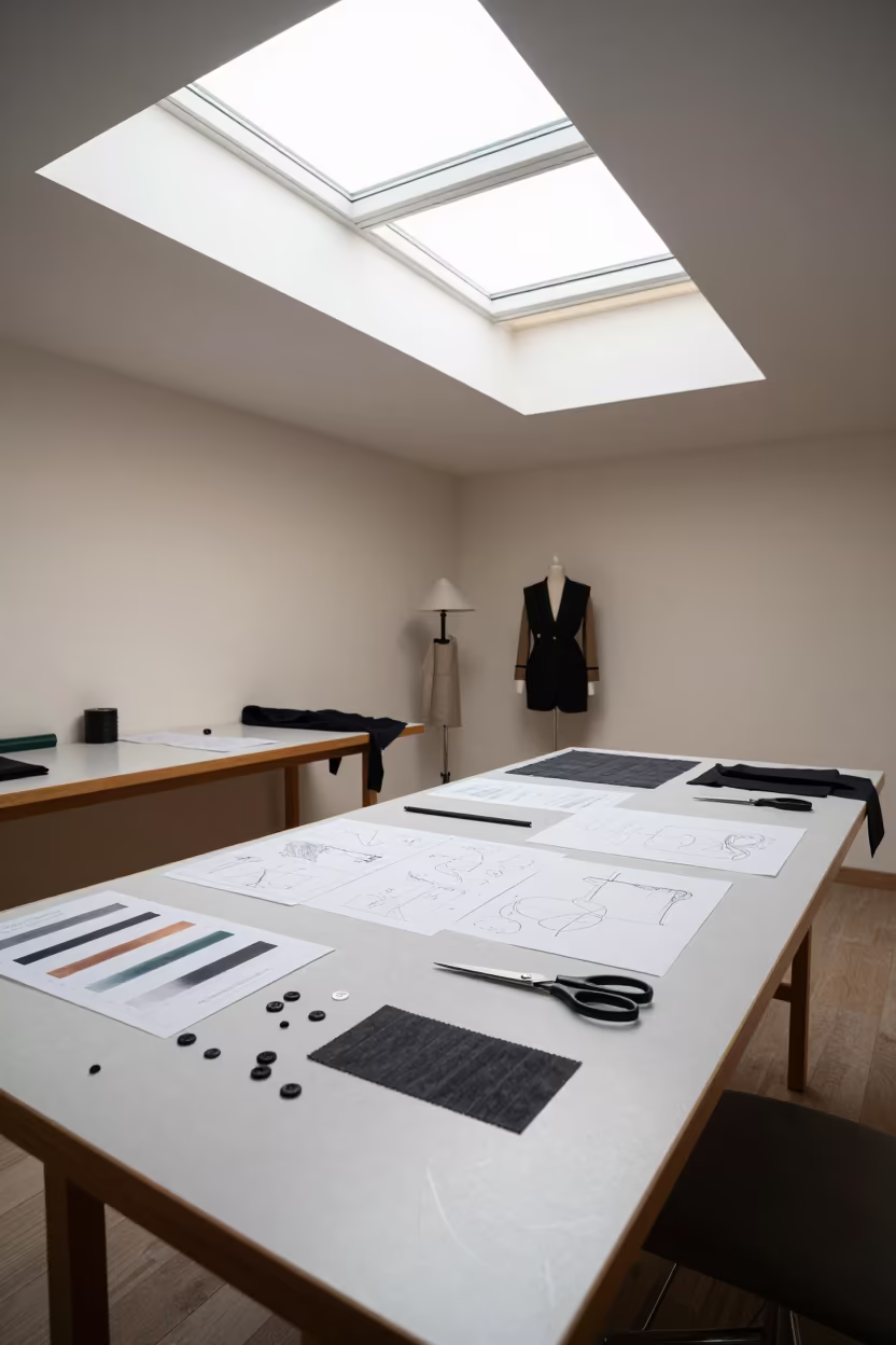 Ashdod Tailoring Atelier Mood Board Midday in at a tailoring table strewn with chalk and shears in Ashdod