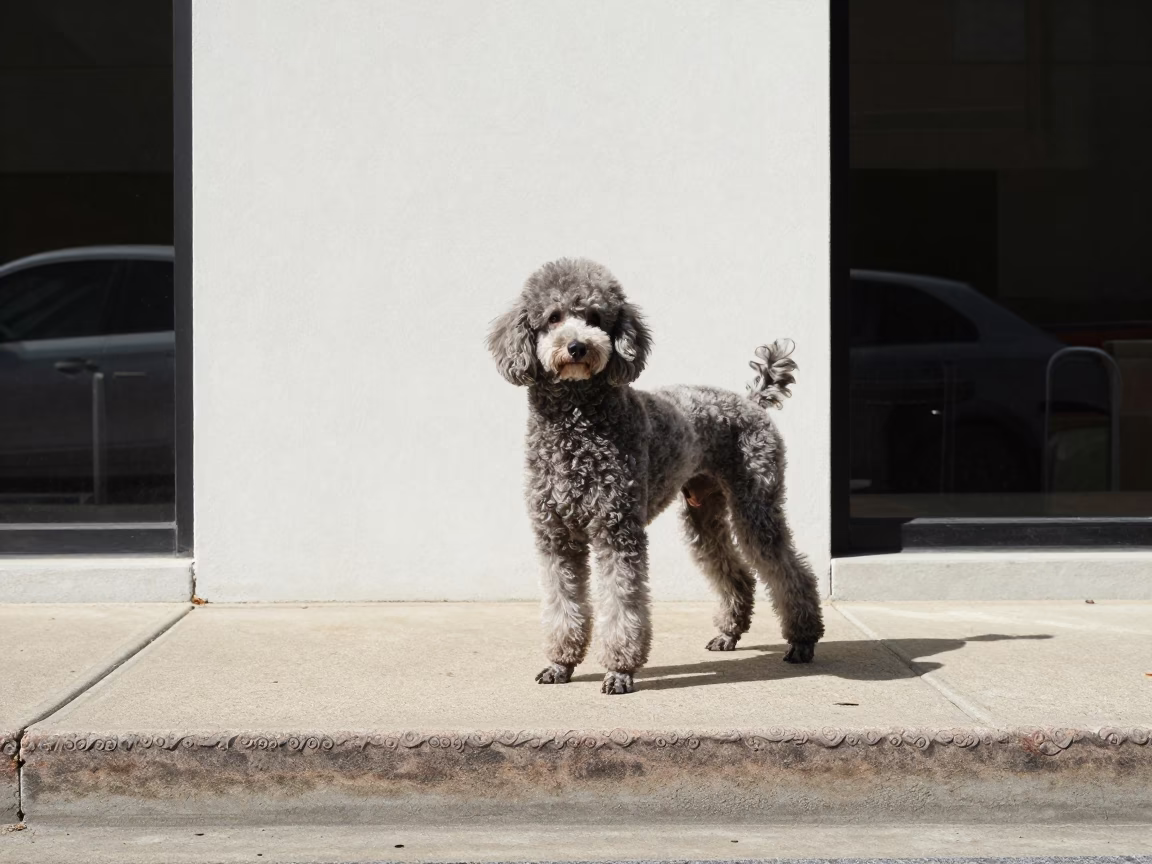 Asheville Poodle Portrait by Plain Courtyard Wall in beside a plain courtyard wall in clear daylight with the animal at eye level near Asheville