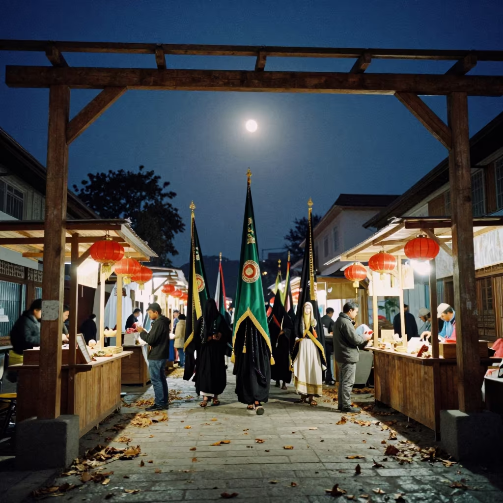 Ashura Banners Under Moonlight at Aizawl Night Market in at a night market in Aizawl