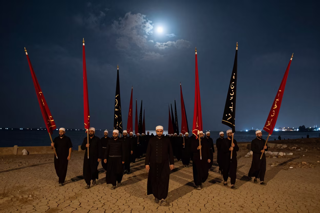 Ashura Procession Banners Under Moonlit Kufa Sky in at a waterfront celebration near Kufa