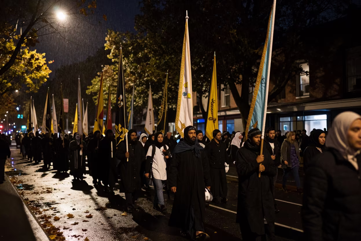 Ashura Procession Banners in Redfern Night in at a public square during a festival in Redfern, Sydney