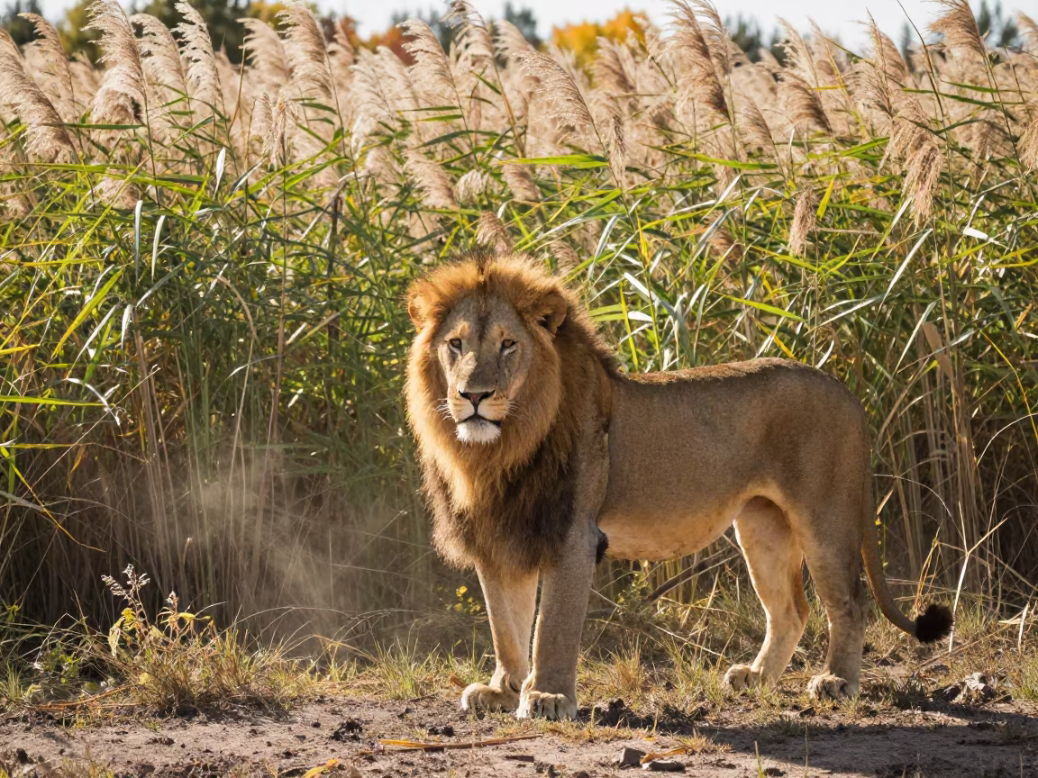 Asiatic Lion in Nova Scotia Reed Bed Morning in at the edge of a reed bed in Nova Scotia