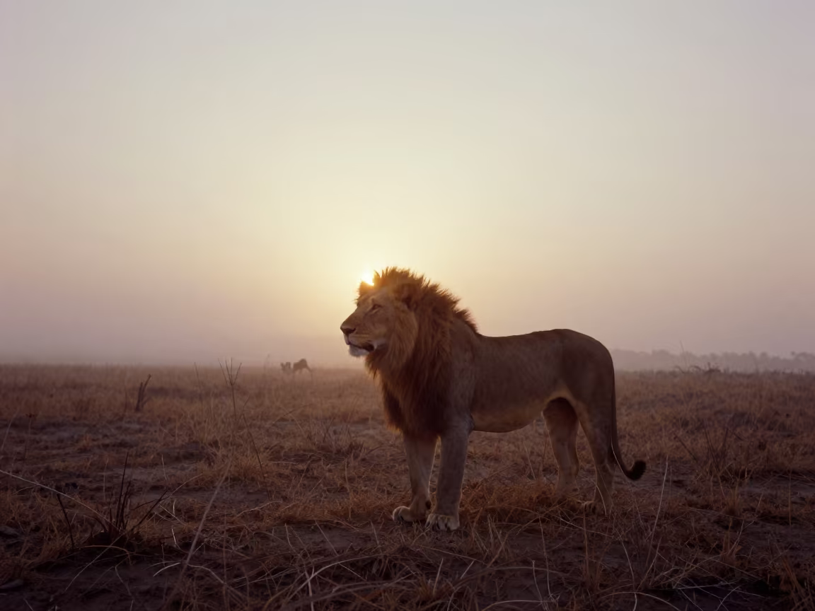 Silhouetted Asiatic Lion in Yemen Evening Mist in in Yemen