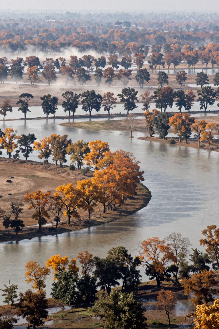 Assam Floodplain Autumn Canopy Grid Surreal in across a floodplain after rain in Assam